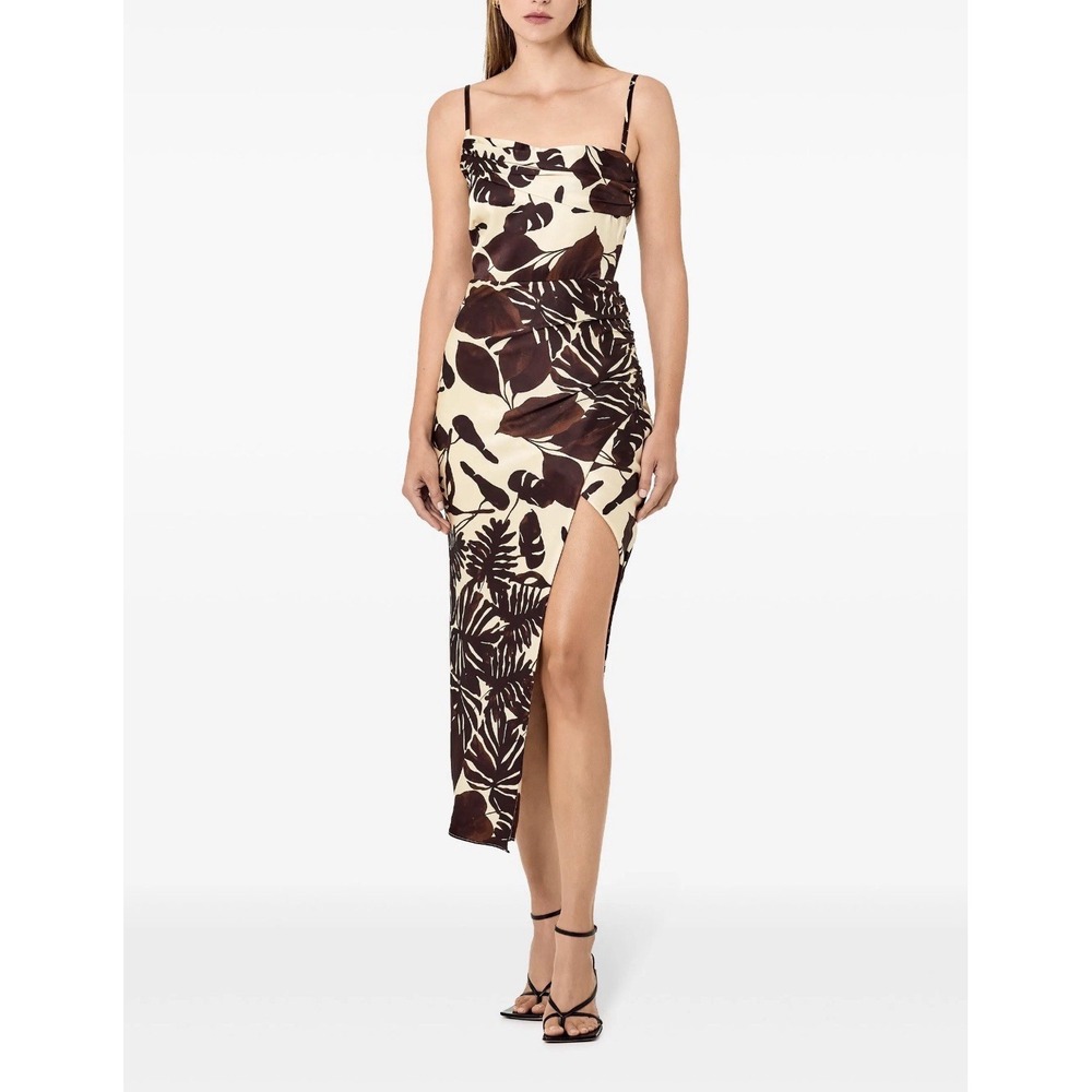 NWT Nicholas Chocolate Brown Skyler Draped Satin Midi Dress Sz 4 Tropical Resort - Picture 2 of 15